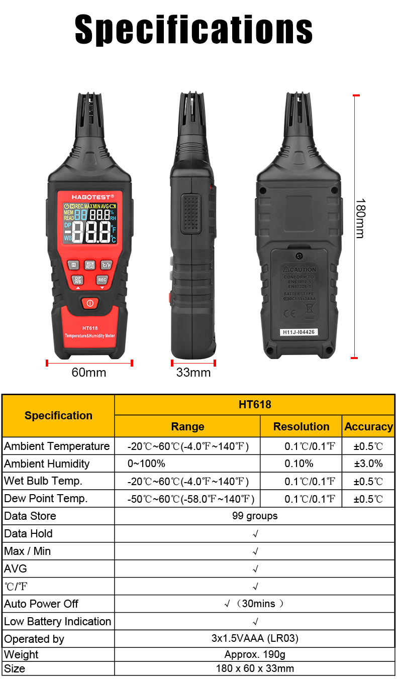 CE Digital Temp And Humidity Meter , 60 Celsius Temperature And Humidity Tester