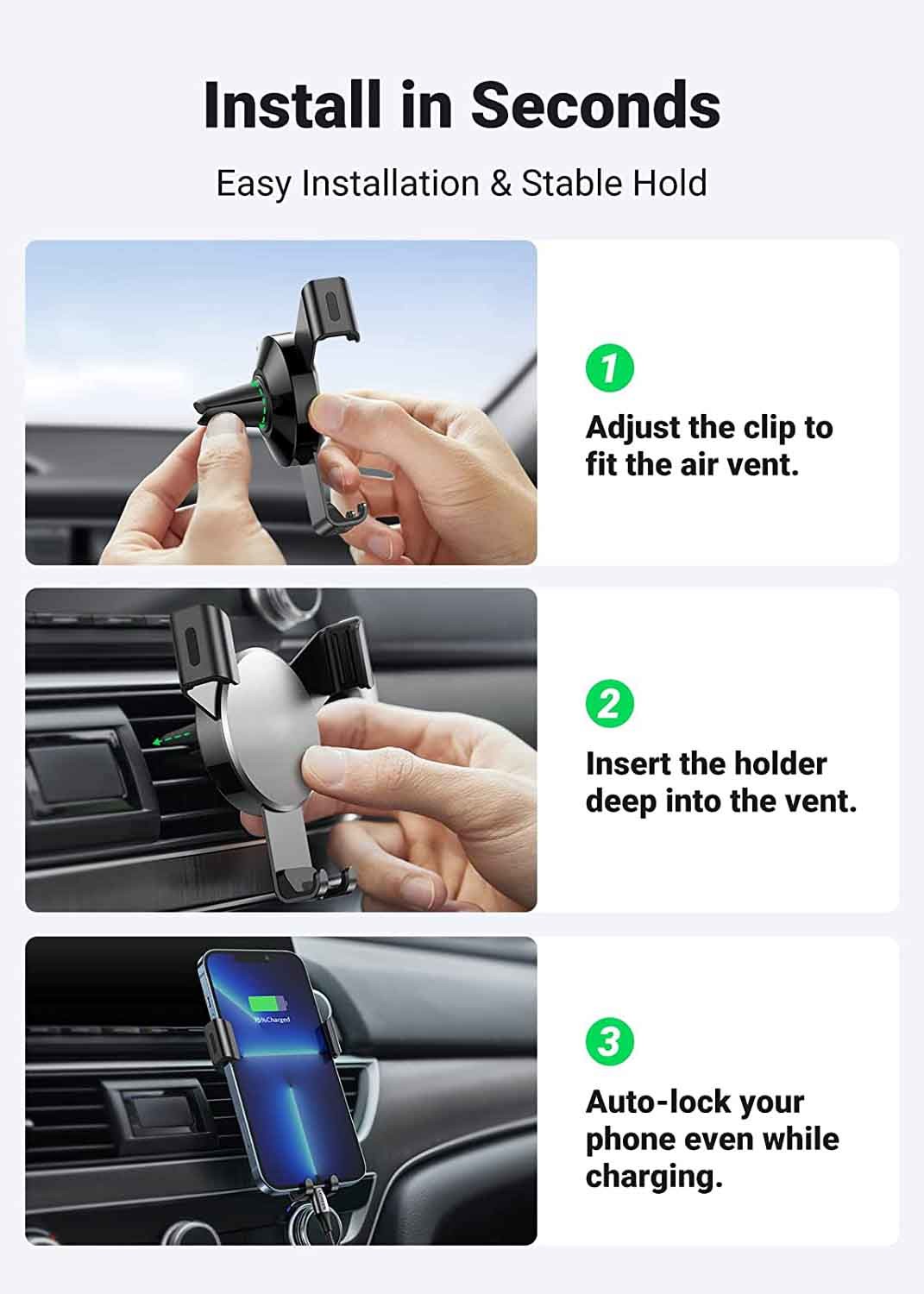 360 Degrees Rotation Air Vent Mount Phone Holder Auto Lock Gravity 85mm