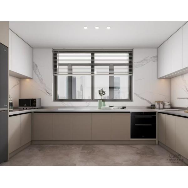 Fadior L Shaped Stainless Steel Kitchen Soft Gray Lower Units And White Upper Units With Seamless Design And Hygienic Surface