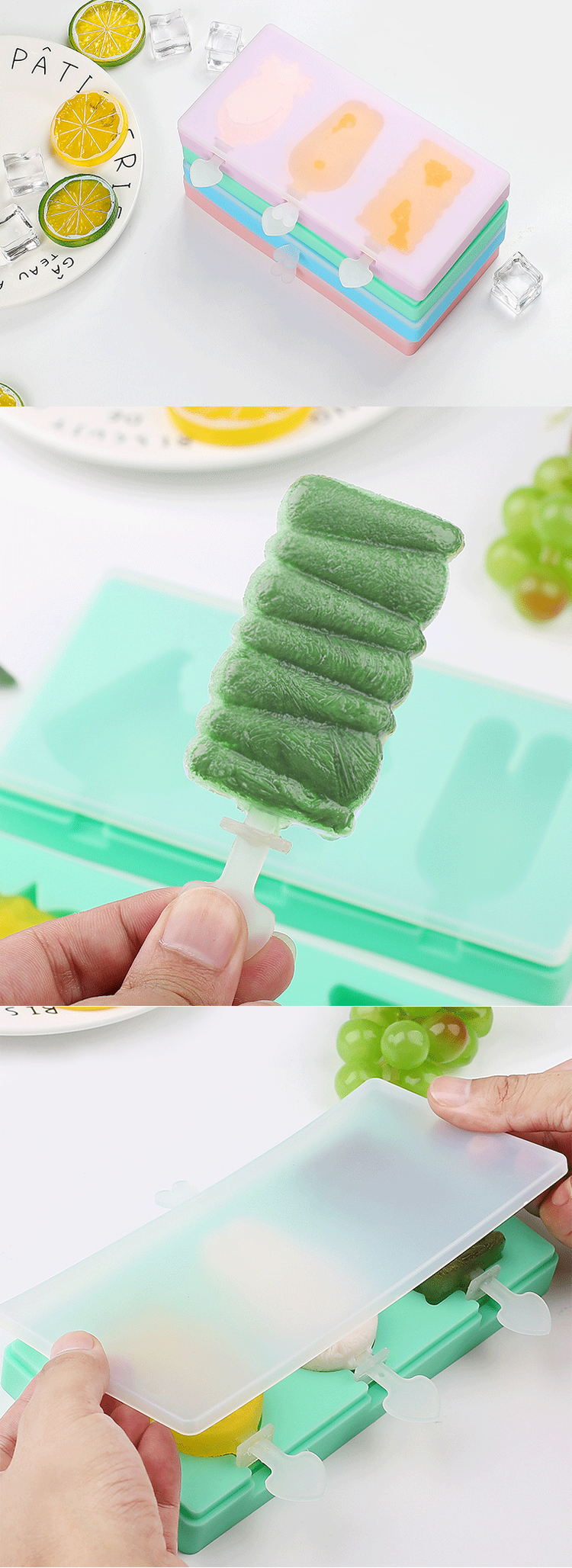 Multifunction 3 Cavities Silicone Ice Cube Trays For Ice Cream