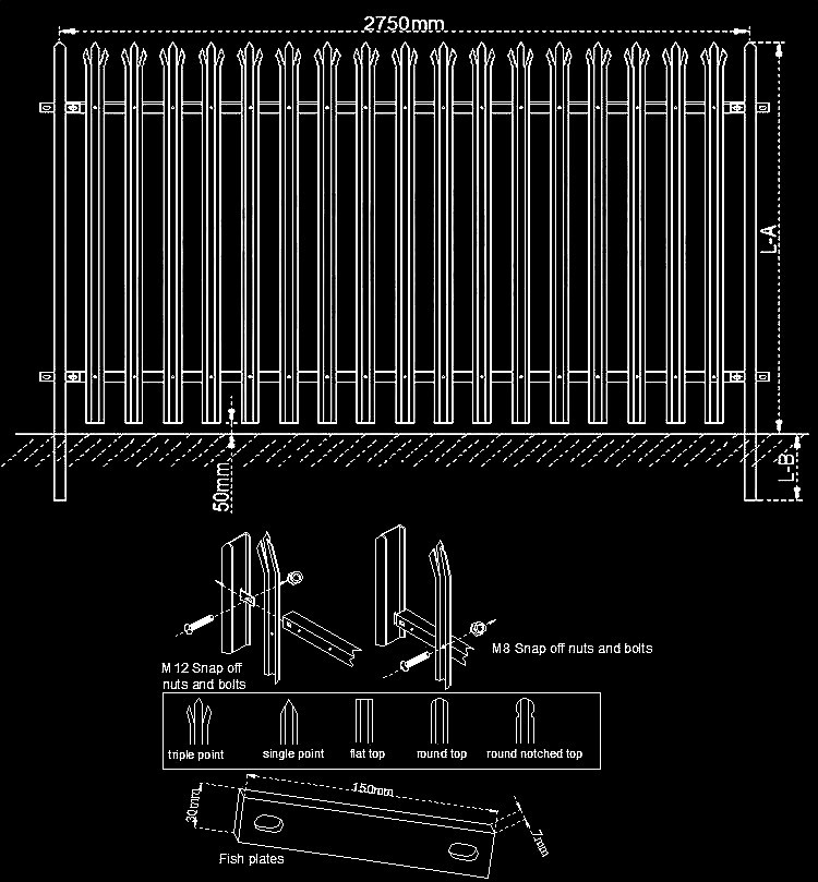 2750mm Width Q235 Galvanized Steel Palisade Fencing Welded Wire Garden Fence