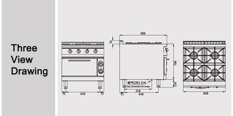 Electric Oven Commercial Gas Range 4 Burners for Restaurant Kitchen 143KG Capacity