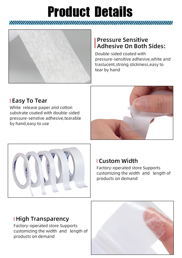 Easy To Tear Double Side Tissue Tape High Viscosity Transparent Strong Adhesive Tape