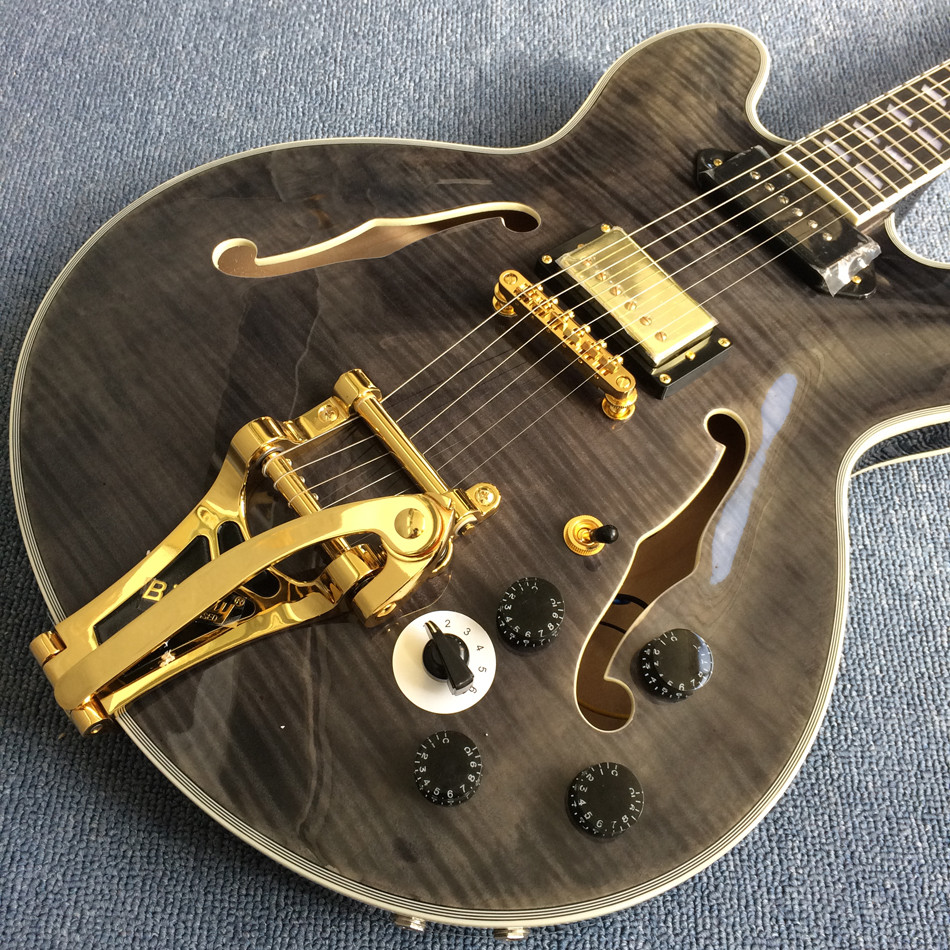 Hollow body jazz electric guitar,Guitar Quilted Maple Trans-gray burst color,Ebony Fingerboard