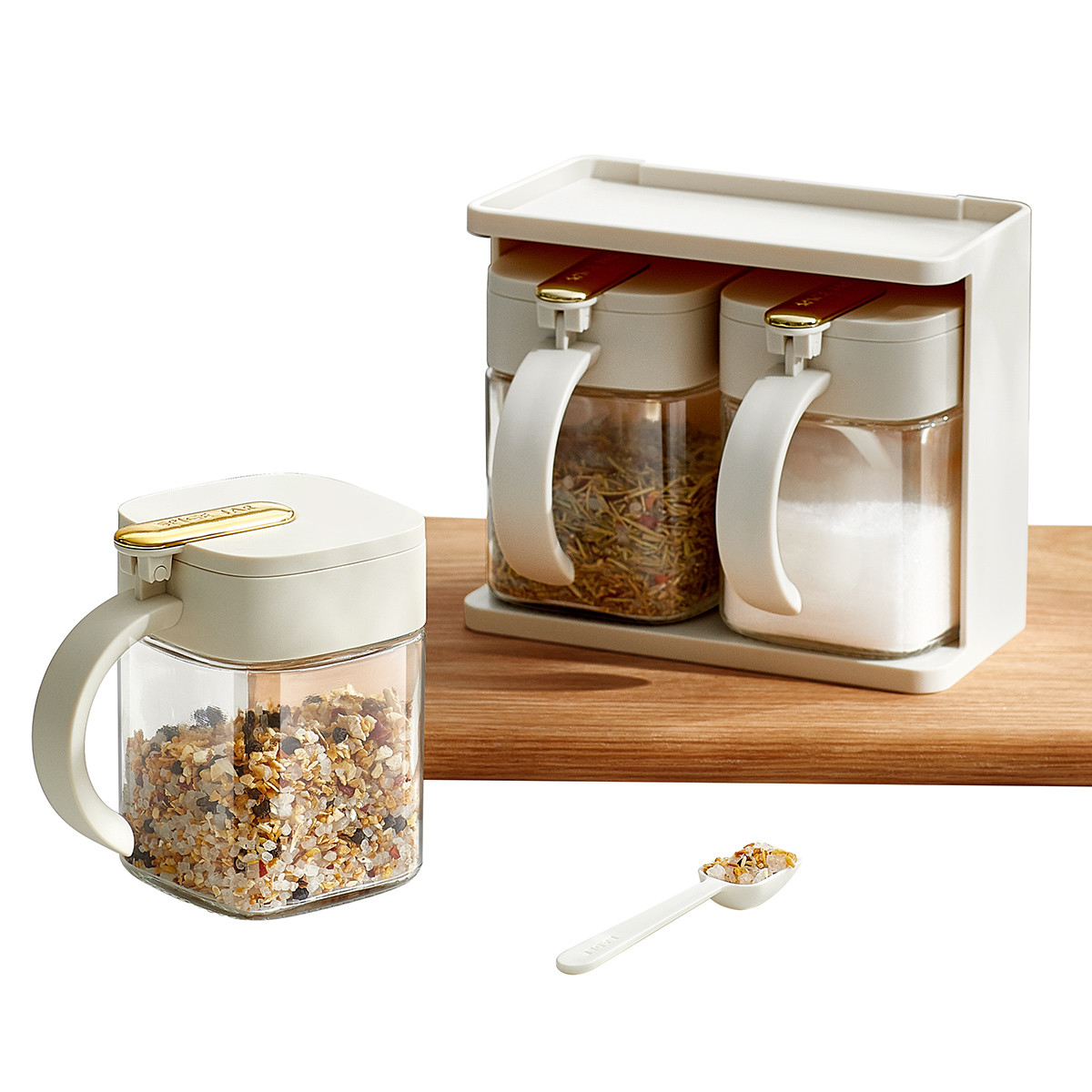 2 Grids Seasoning Box Spice Box with Handle Containers with Spoon Functional Condiment Jar Storage Rack for Salt Sugar Cruet