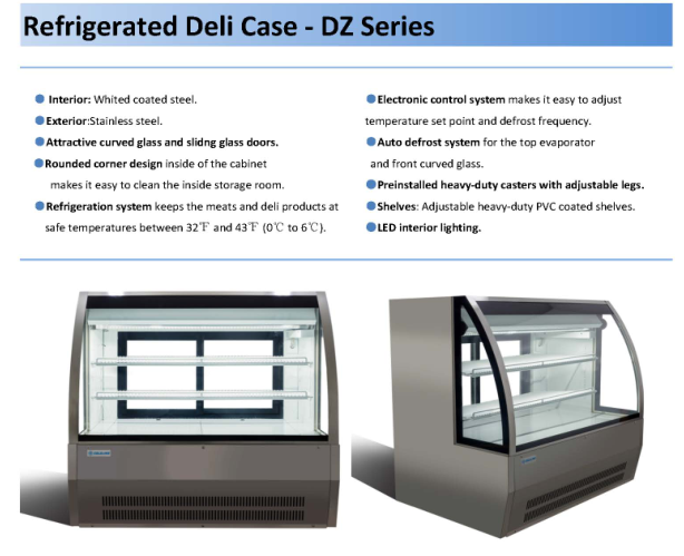 SS201 SS304 Curved Glass Refrigerated Deli Display Case 500L