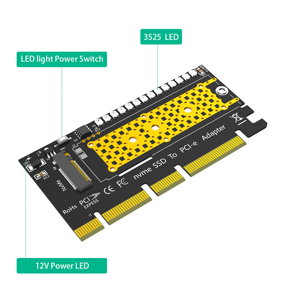 M.2 nvme SSD to PCI-E 4X/8X/16X adapter with 3528 Colorful flash LED