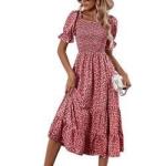 Floral Print Dresses Short Puff Sleeve Square Neck Shirred Detail MIDI Women