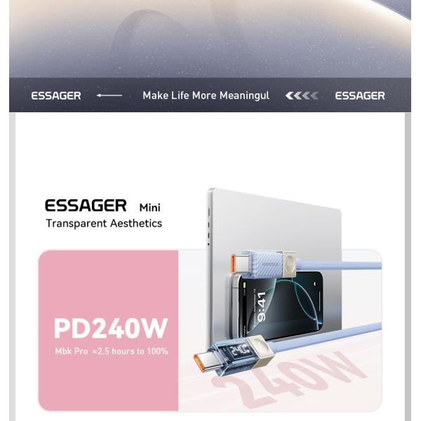 ESSAGER ES-X76 Type C To Type C Fast Charging Cable 240W 100W 5A Digital Display
