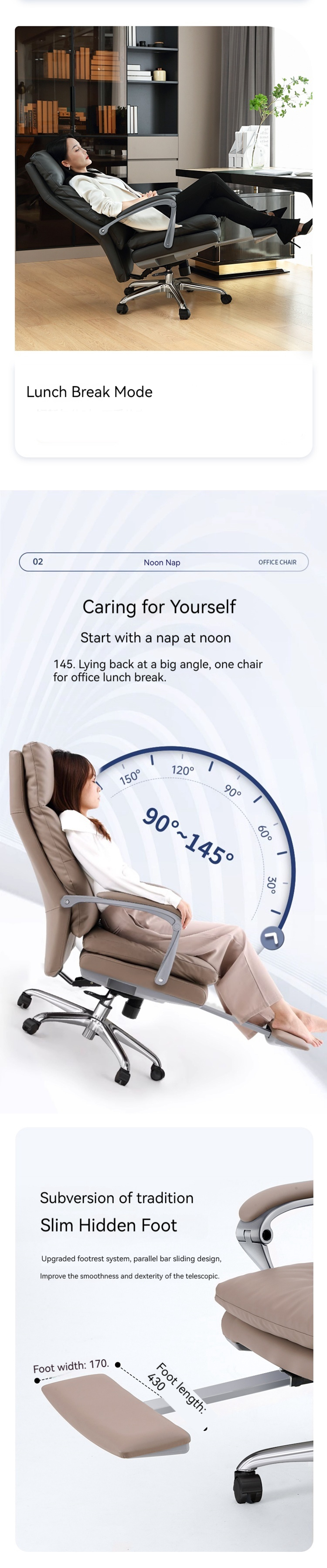 Reclining Genuine Leather Office Chair with Footrest Adjustable Height and Modern Design