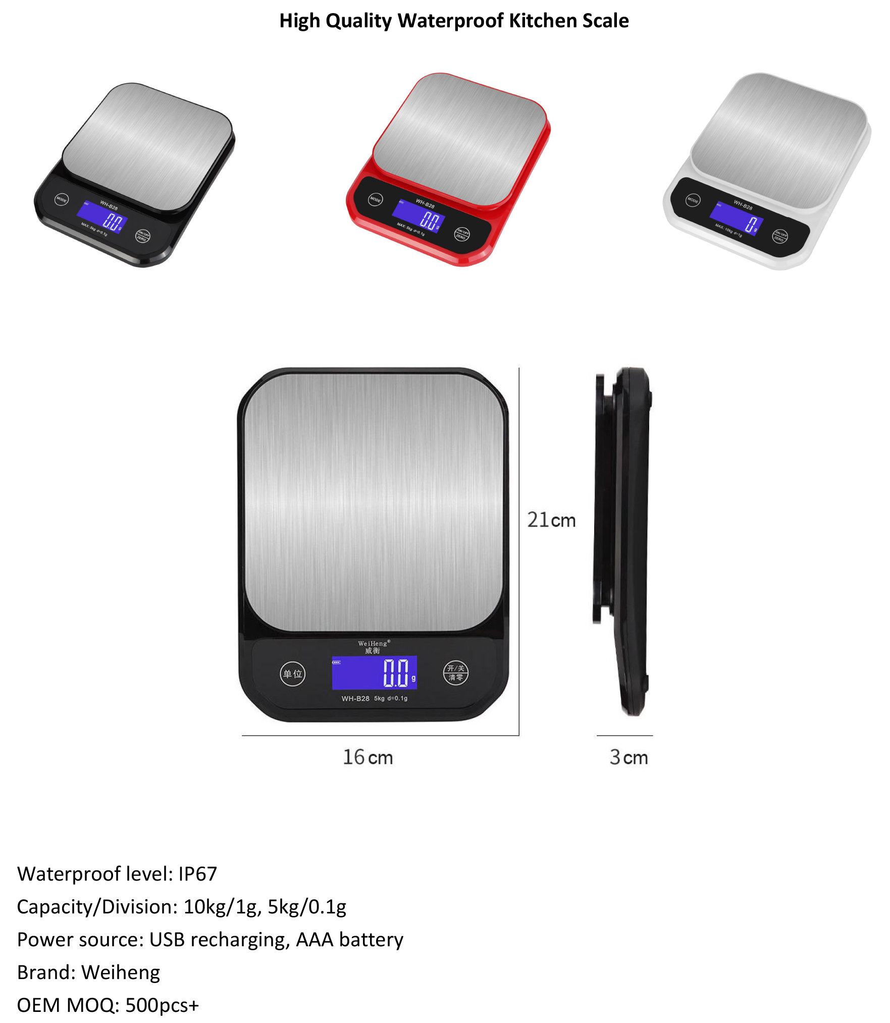 USB Waterproof IP67 Digital Kitchen Weighing Scale for Baking 5kg Maximum Weight Recommendation Digital Display