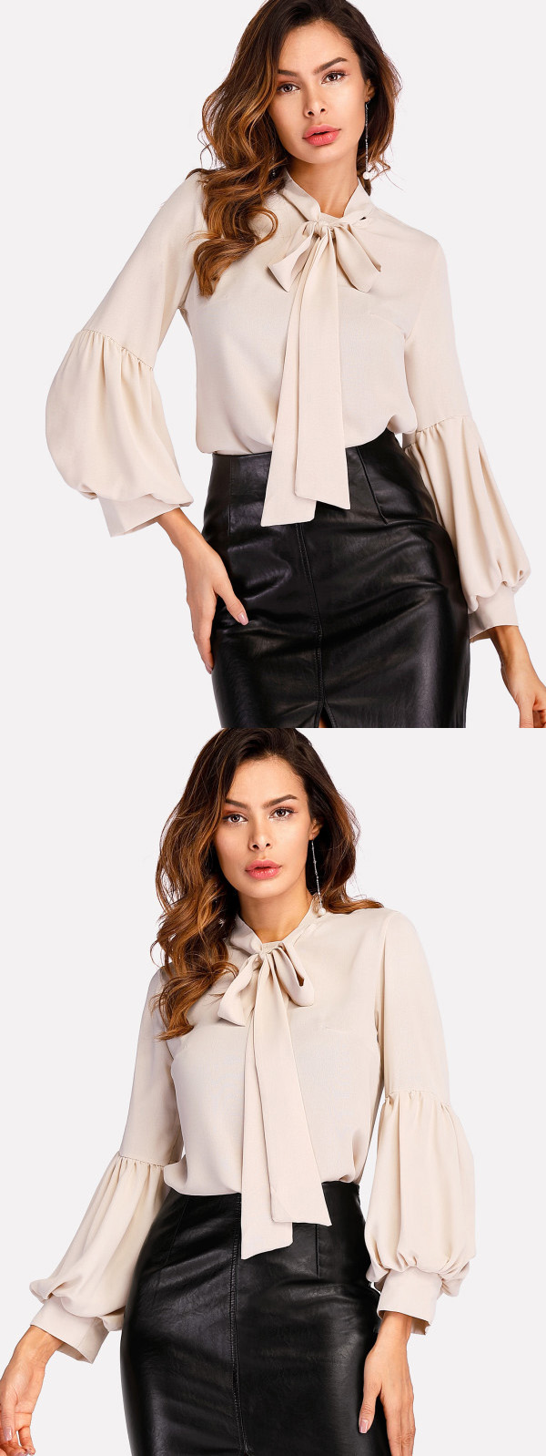 Tie Neck Balloon Sleeve Elegant Ladies Blouse