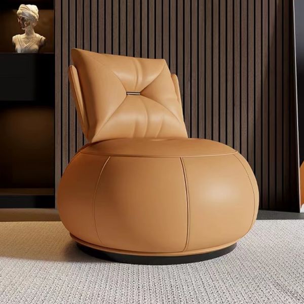 Leather Wood and Metal Modern Round Lounge Swivel Chair Contemporary Single Sofa Chair Living Room Leisure Furniture
