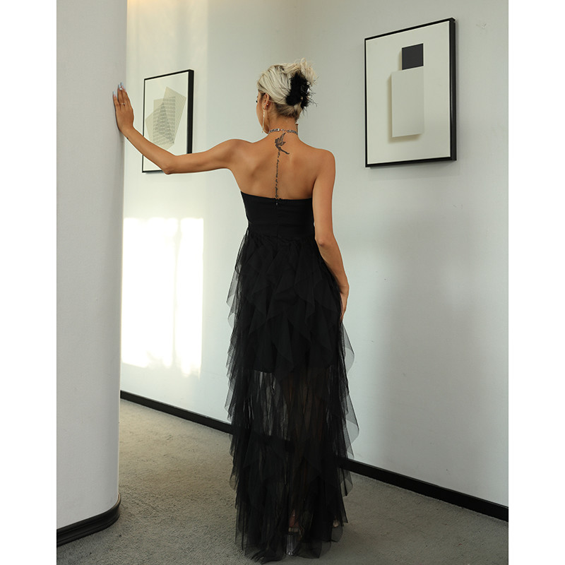 Black Strapless Sweetheart Neck Sheer Mesh Ruffle Tier Maxi Dress Women'S Maxi Long Dress Party Dress