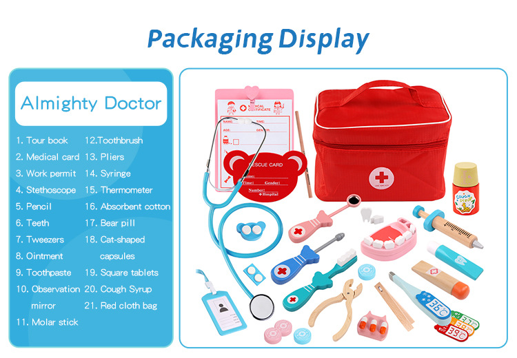 Kids' Role-Playing Doctor Injection Toy Gift Wooden Simulation Cloth Bag Medicine Box