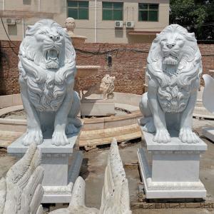 China BLVE White Marble Lion Garden Statues Natural Stone Entryway Sitting Lion Sculpture Life Size Handcarved wholesale