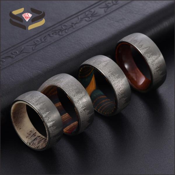Black Forest Mountain Men'S Tungsten Wedding Band Diamond Shape 8mm With Whiskey Barrel Wood Liner