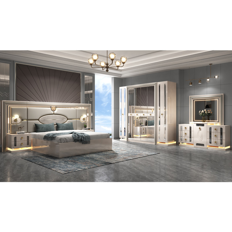 Modern Luxury Wood Frame Double King Size Bed Set Villa Home Master Room Queen Leather Wooden Mdf Full Furniture Bedroom Sets