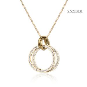 China Gold Stainless Steel Fashion Necklaces Double Rhinestone Ring Pendant Necklace wholesale