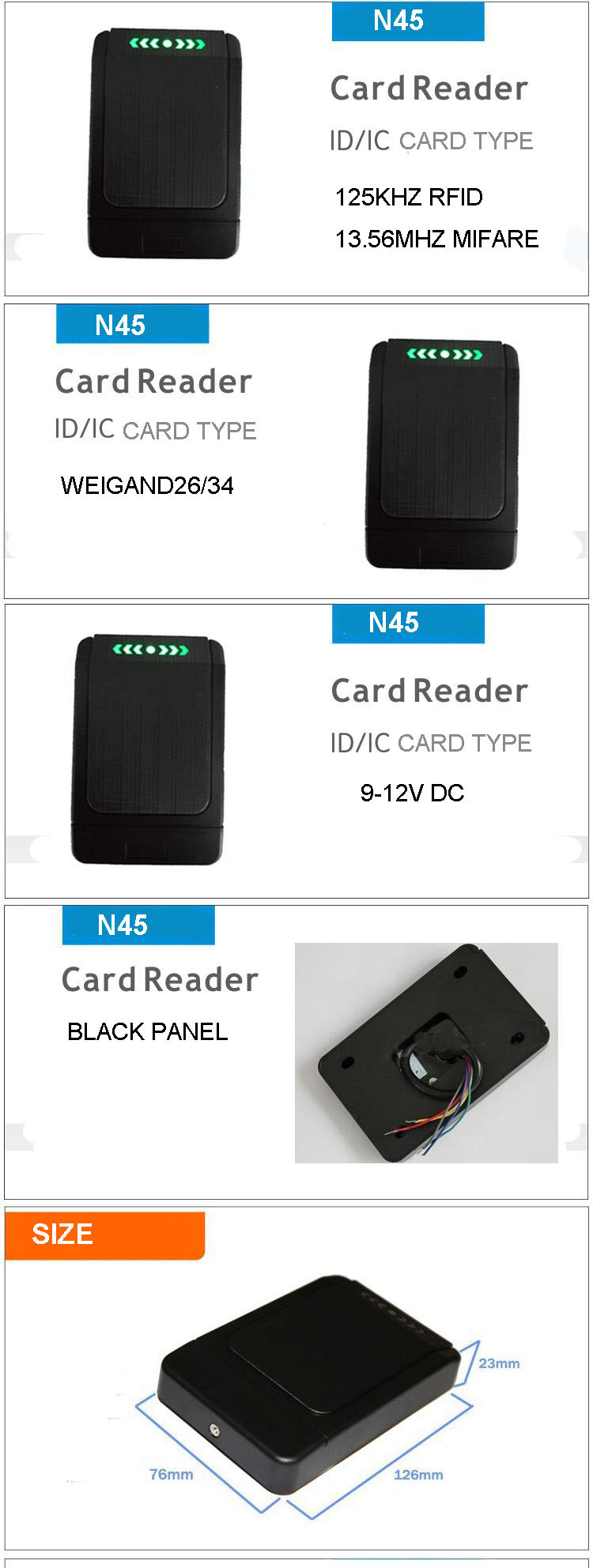 Wiegand 125khz Rfid Card Reader Water Resistance Smart Mifare Card Reader