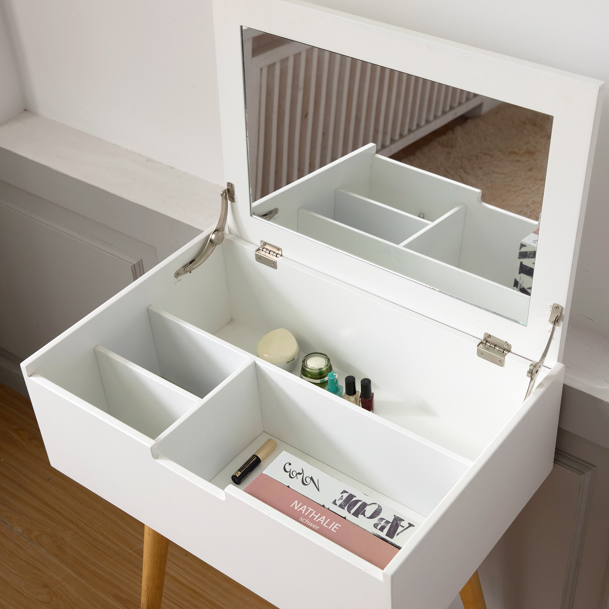 Brown White Wooden Dressing Table With Mirror Large Capacity Luxury For Bedroom Home