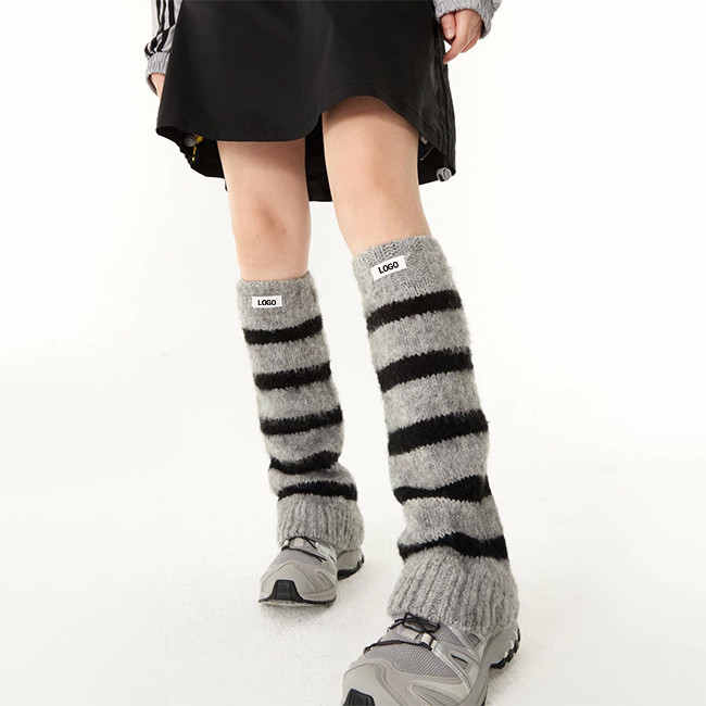 Custom Logo Women Leg Warmers Acrylic Knit Sock Sleeves With Horizontal Stripes