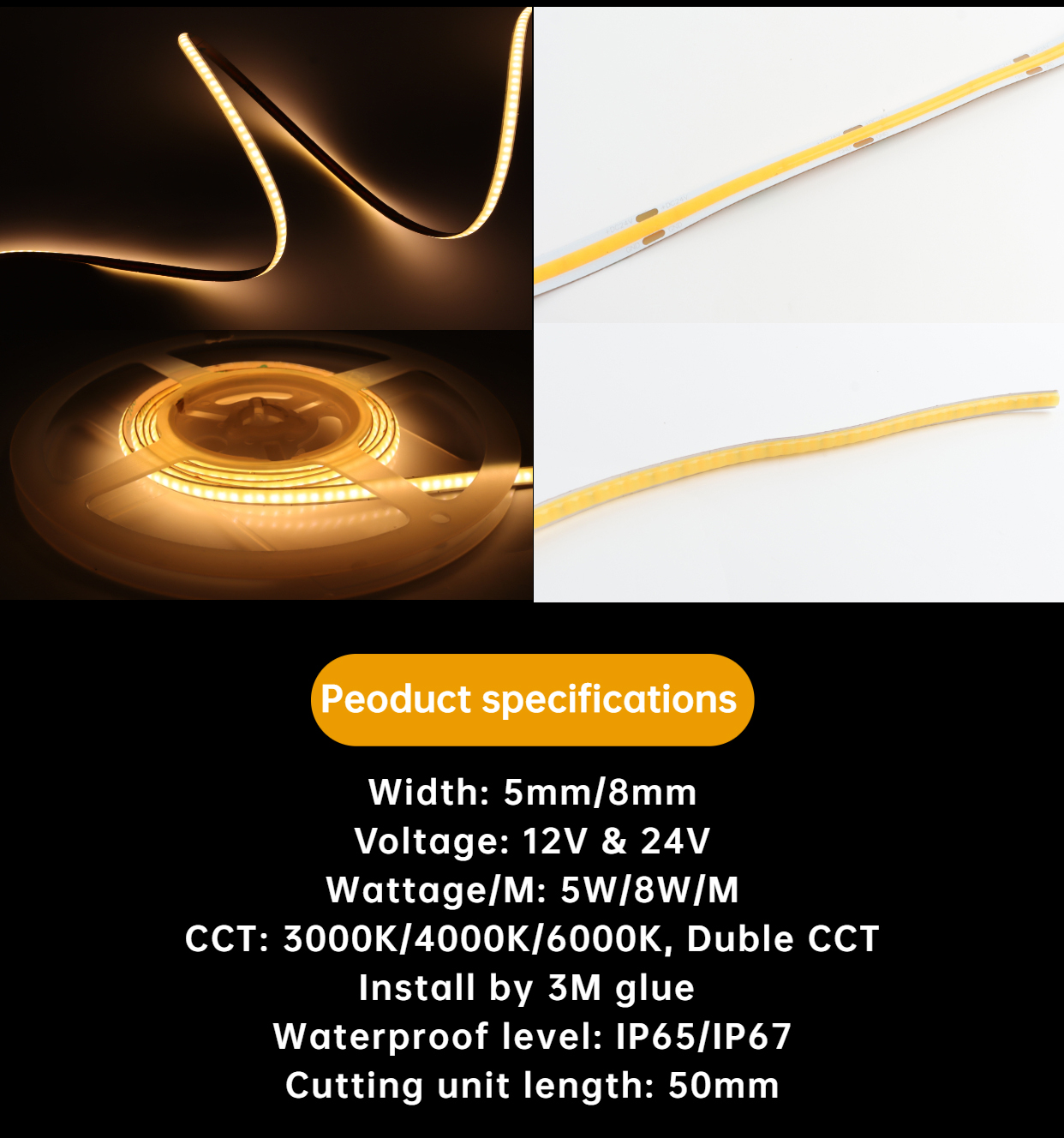 Ultra Thin COB Flexible LED Strip Light Waterproof IP65 For Soft Lighting Solutions