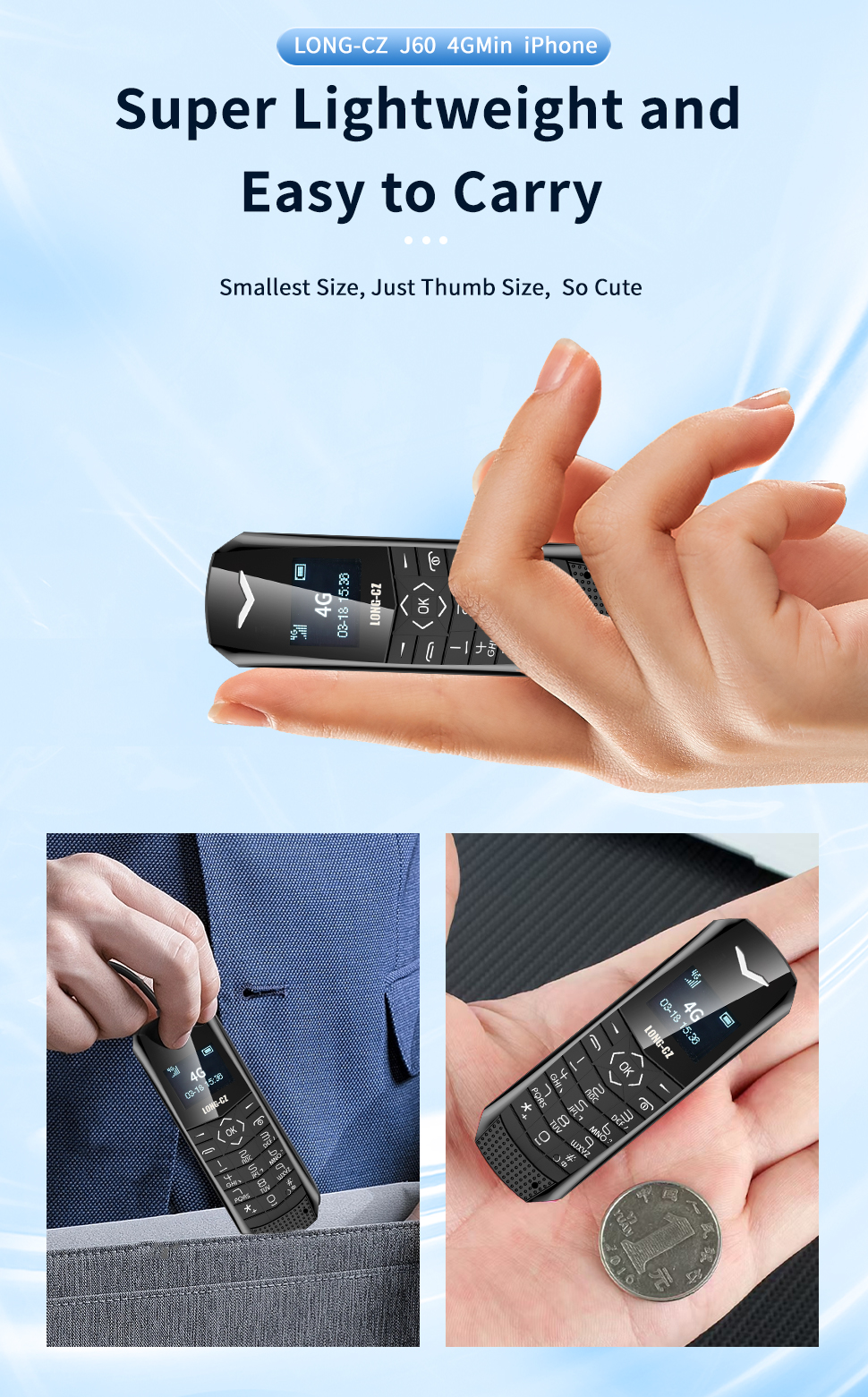 LONG-CZ J60 0.66" Mini Cellphone FM Wireless Bluetooth Handsfree Earphone Single SIM Card phone