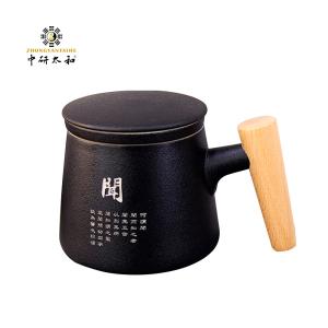 China Ceramic Wood Handle Frosted Retro Tea Cup With Separator wholesale