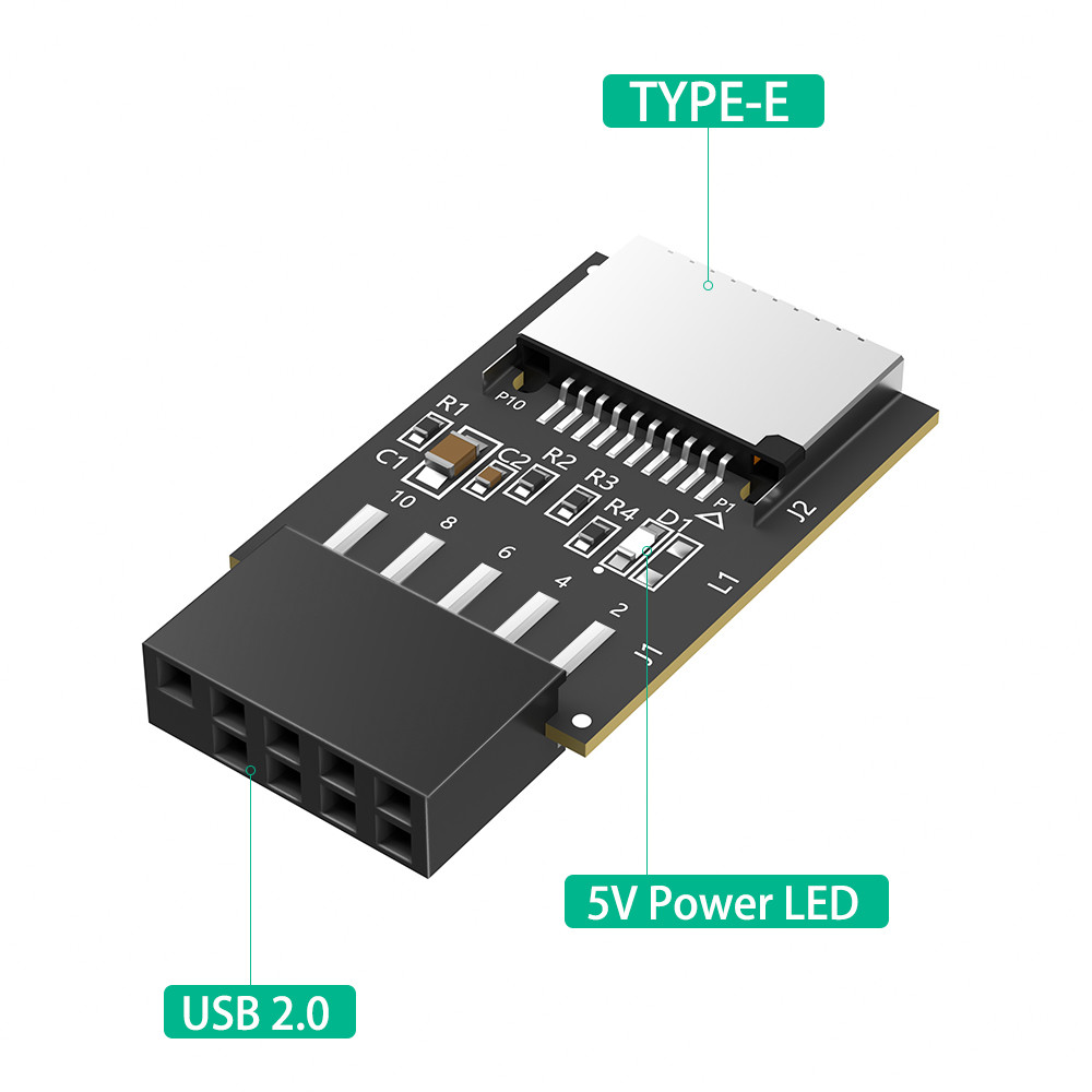 New Version USB 2.0 9pin Front Panel Header to Type-E Internal Adapter with 5V Power LED