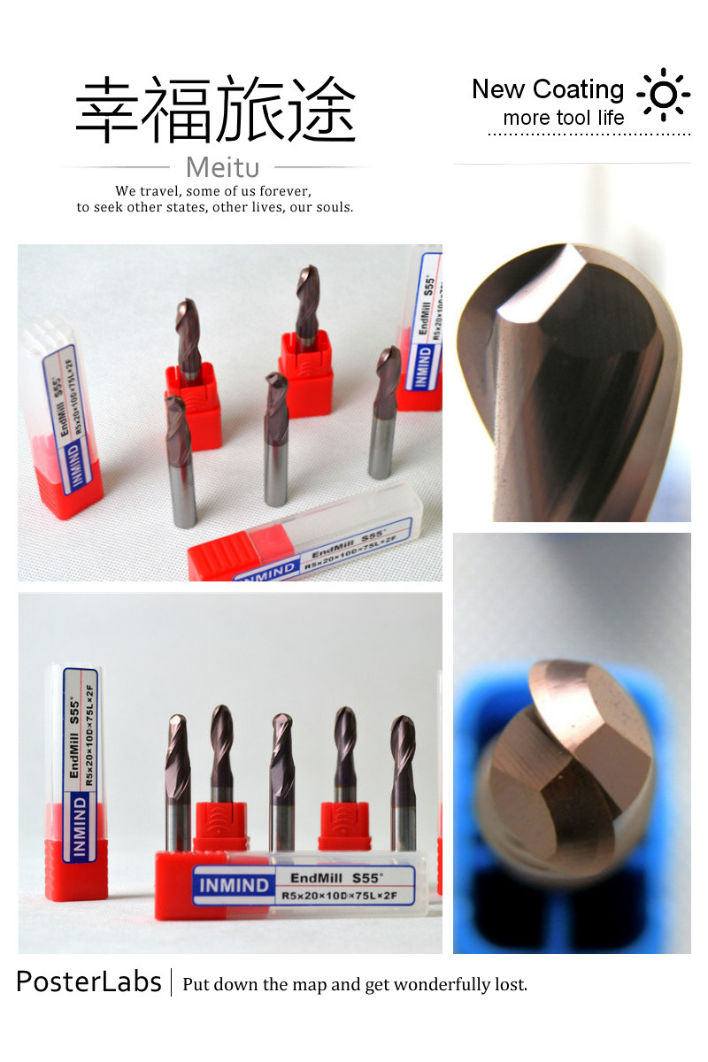 HRC55 SiN Coating , Ball Nose End Mill , R3.0 , 6mm to 12mm , Ultra Fine Grain Size , Germany Quality