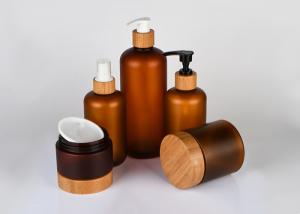 China Bamboo Lid Empty Facial Cream Pump Lotion Jars Containers Cosmetic Packing Set Amber PET Plastic Bottle wholesale