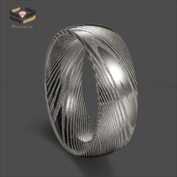 Men 8mm Damascus Steel Wedding Band Dome Finished Pearl Type Included Half Size Gun Color Plated