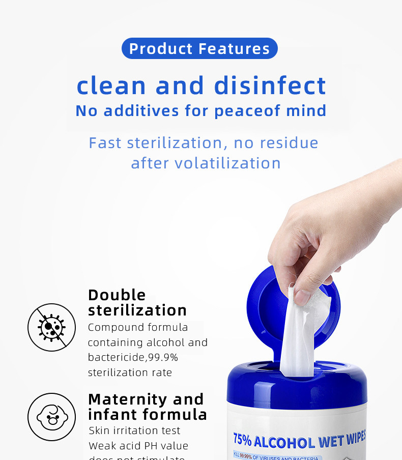 75 Percent Alcohol Wipes 60-100pcs/barrel ISO CE FDA Approved