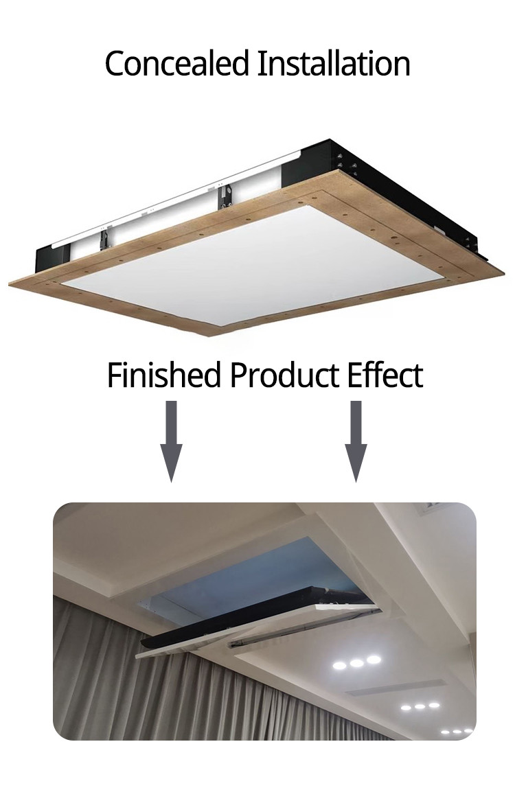 Motorized ceiling TV lift and flip hidden bracket