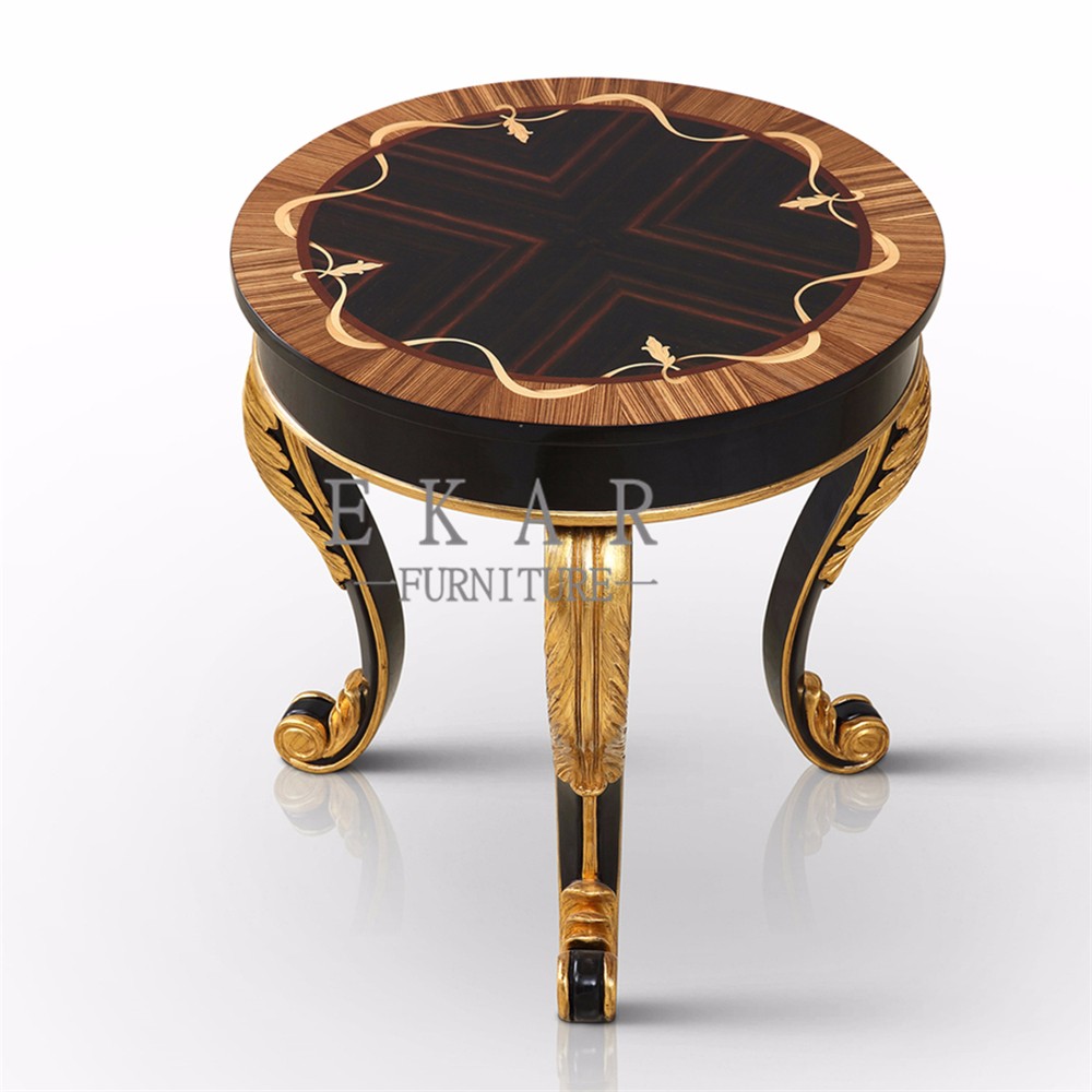 Classic Living Room Carved Gray Round Wooden Side Table