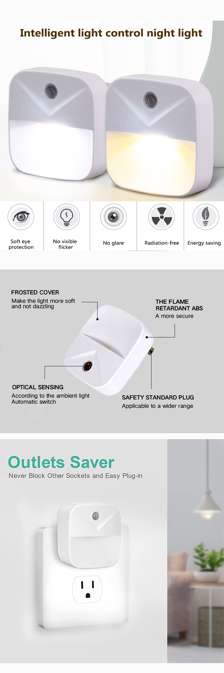 Warm White Plug In Wall Night Lights For Bedroom Bathroom Hallway Stairs