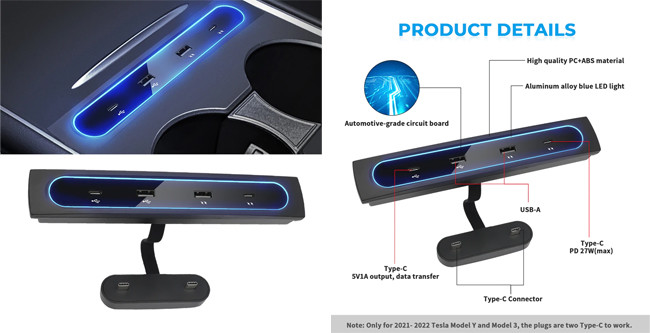 Shunt Hub Tesla Model Accessories 4 Ports Tesla Y Usb Ports 27W Quick Charger