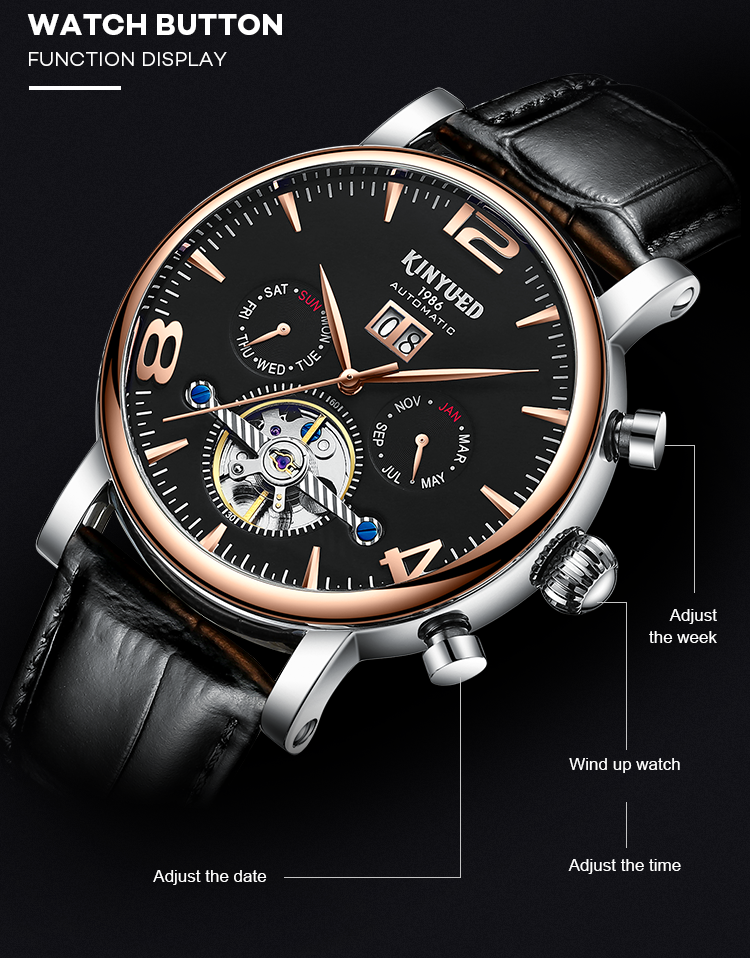 J030-4 KINYUED Mens Automatic Mechanical Watch Tourbillon Leather Waterproof Mechanical Watches