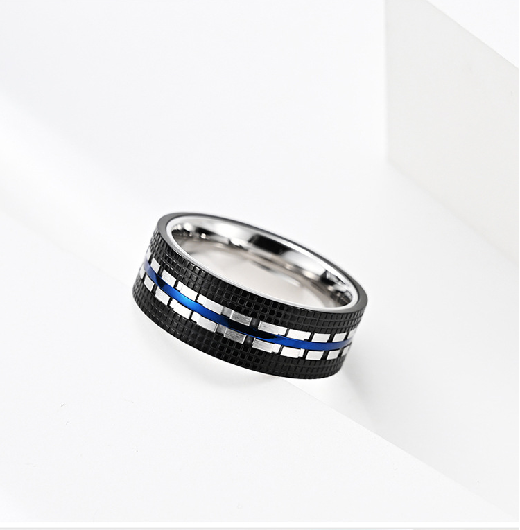 Face Width 8MM Stainless Steel Men's Ring Blue And Rose Gold Fashion Jewelry Ring
