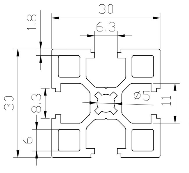 30 * 30 Extruded Aluminum T Slot Profile 5.0mm Hole International Standard For Lifts