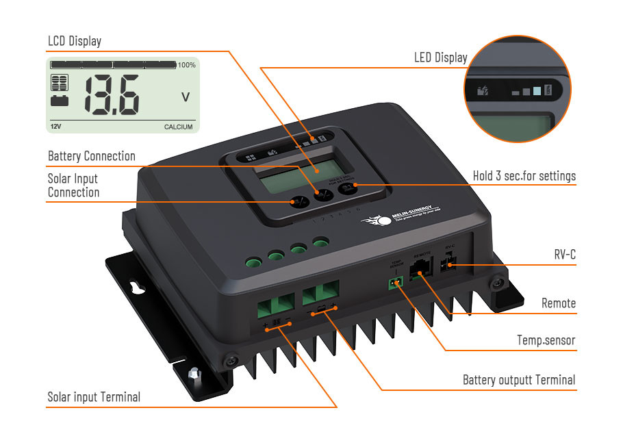 LCD Display 5 Stage MPPT Solar Voltage Regulator 12V 24V 100V Max Input Voltage