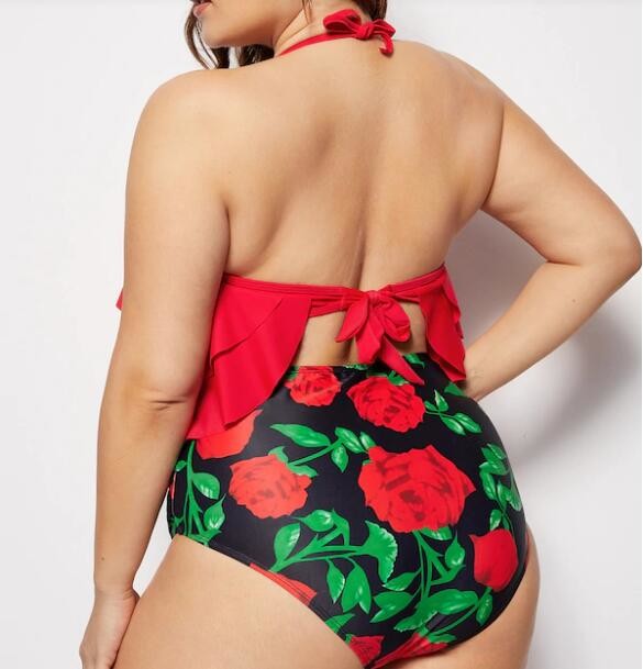 Big Size Wrap Halter Top With Floral print Bikini Set Swimwear Women size 3XL