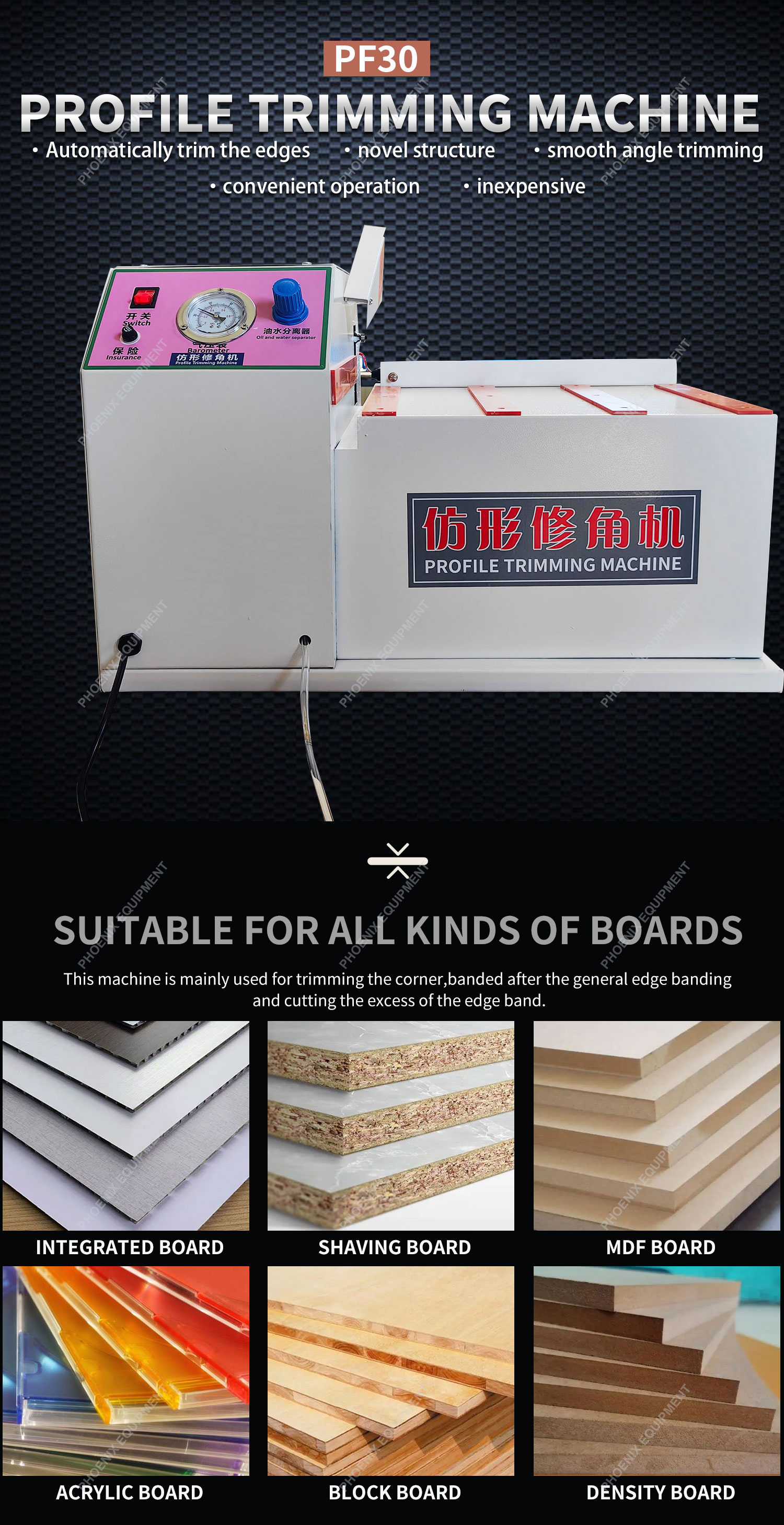 800W PF30 Woodworking Portable Profile Trimming Machine High Speed Edge Sealing and Chamfering