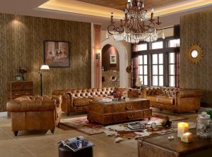 China Chesterfield Tan Brown Soft Leather Sofa Set Antique Industrial Style For Living Room wholesale