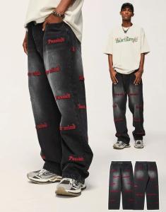 China Streetwear Men′s Pant Blank Baggy Denim Distressed Vintage Stacked Flare Jeans Pants wholesale