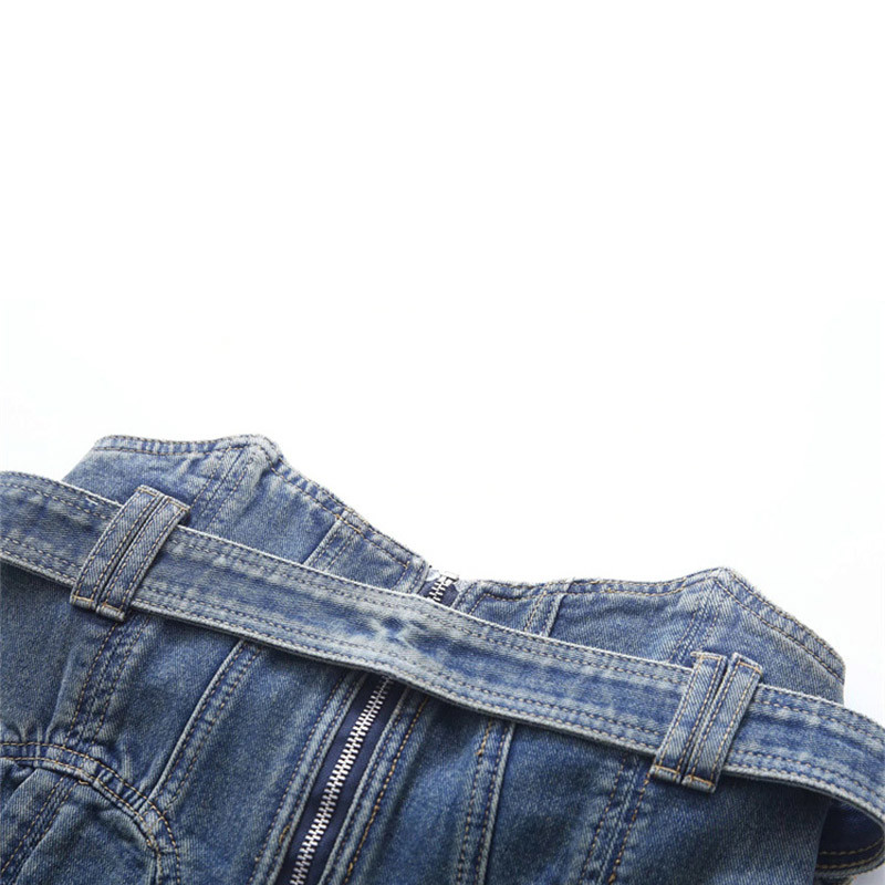 Blue Denim Women Sleeveless Tank Tops Zipper Short Wipe Bosom