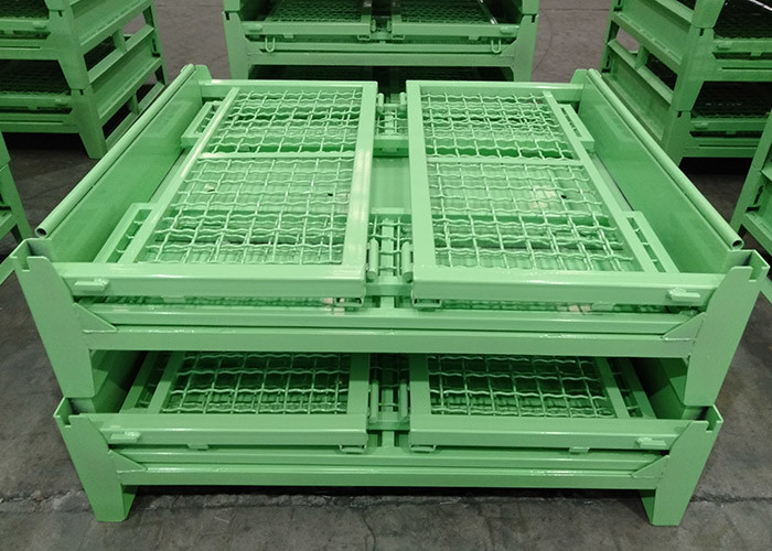 Metal Stackable Stillage Bin Stackable Pallet Cages Green Powdercoating 1.5T