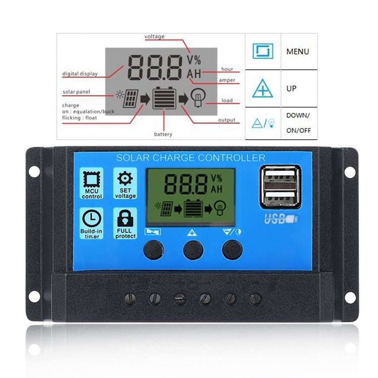 Auto PWM Solar Panel Controller 12v 24v 10a 20a 30Amp With LCD Display Dual USB