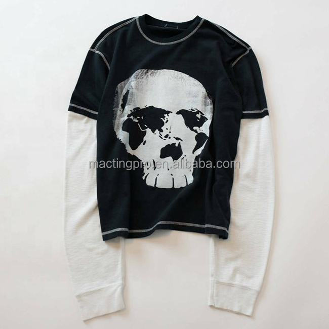 Men'S Graphic Long Sleeve Shirts With Raw Hem Acid Washed Knitted Weaving
